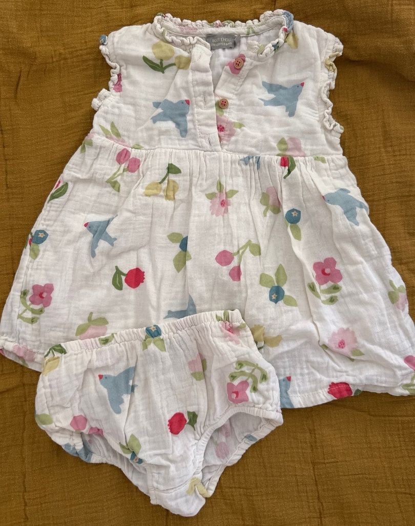 Boutchou 12 months dress and bloomer set white floral birds - Image 1 of 4