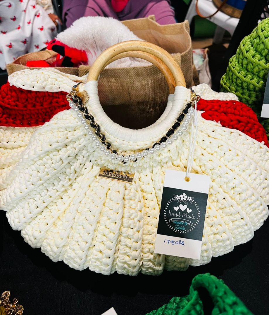 Handmade Crochet Bag White with Wooden Handles