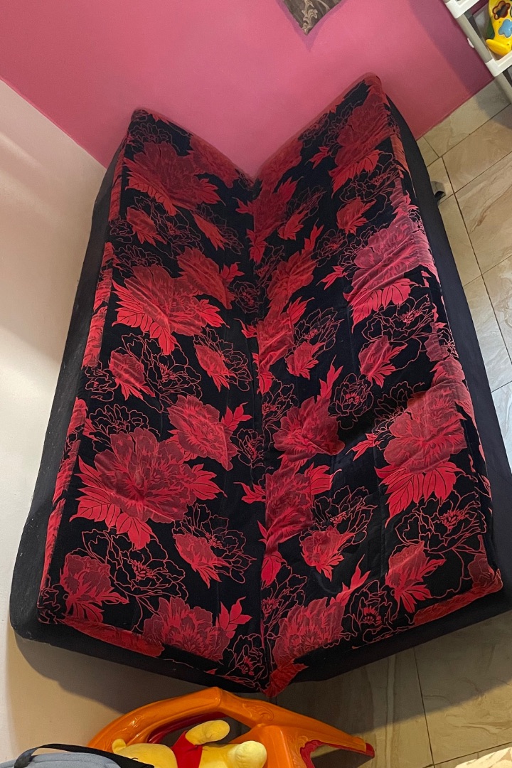 Convertible Sofa Bed Black with Red Floral Pattern thumbnail 2