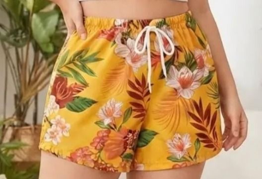 Women Floral Print Yellow Drawstring Shorts