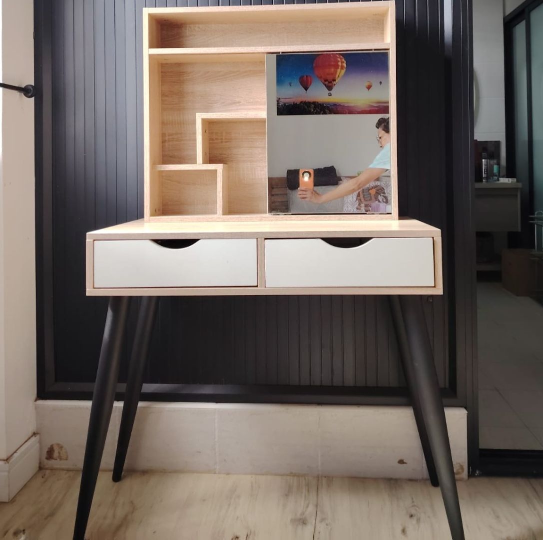 Wooden Vanity Table with Mirror and Drawers thumbnail 2