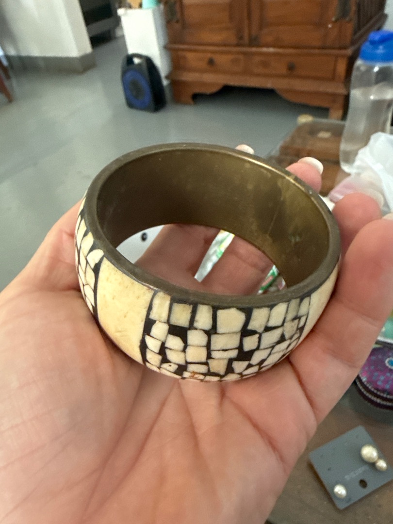 Mosaic Bone and Brass Bangle Bracelet thumbnail 2