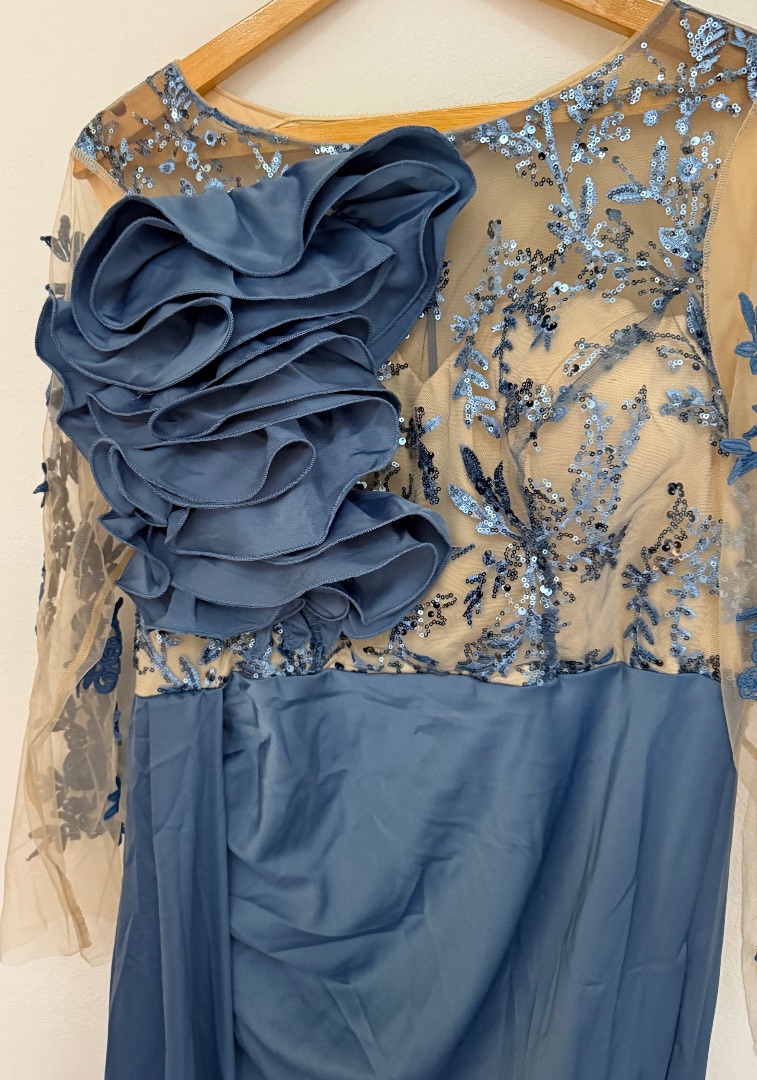 Aureia Blue Satin Evening Dress with Ruffles