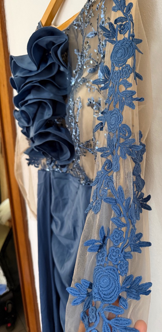 Aureia Blue Satin Evening Dress with Ruffles thumbnail 3