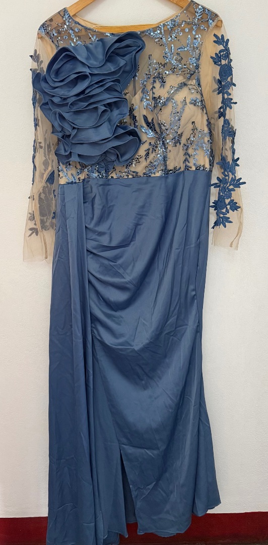 Aureia Blue Satin Evening Dress with Ruffles thumbnail 4