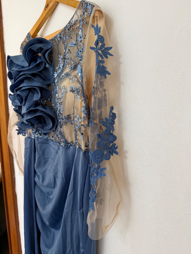 Aureia Blue Satin Evening Dress with Ruffles thumbnail 5