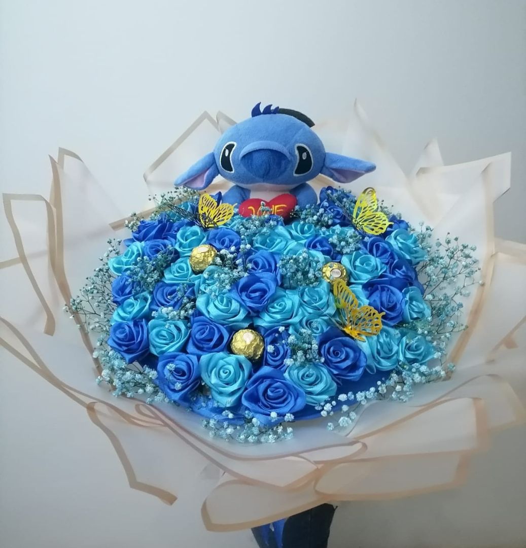 Stitch Theme Blue Rose and Chocolate Bouquet