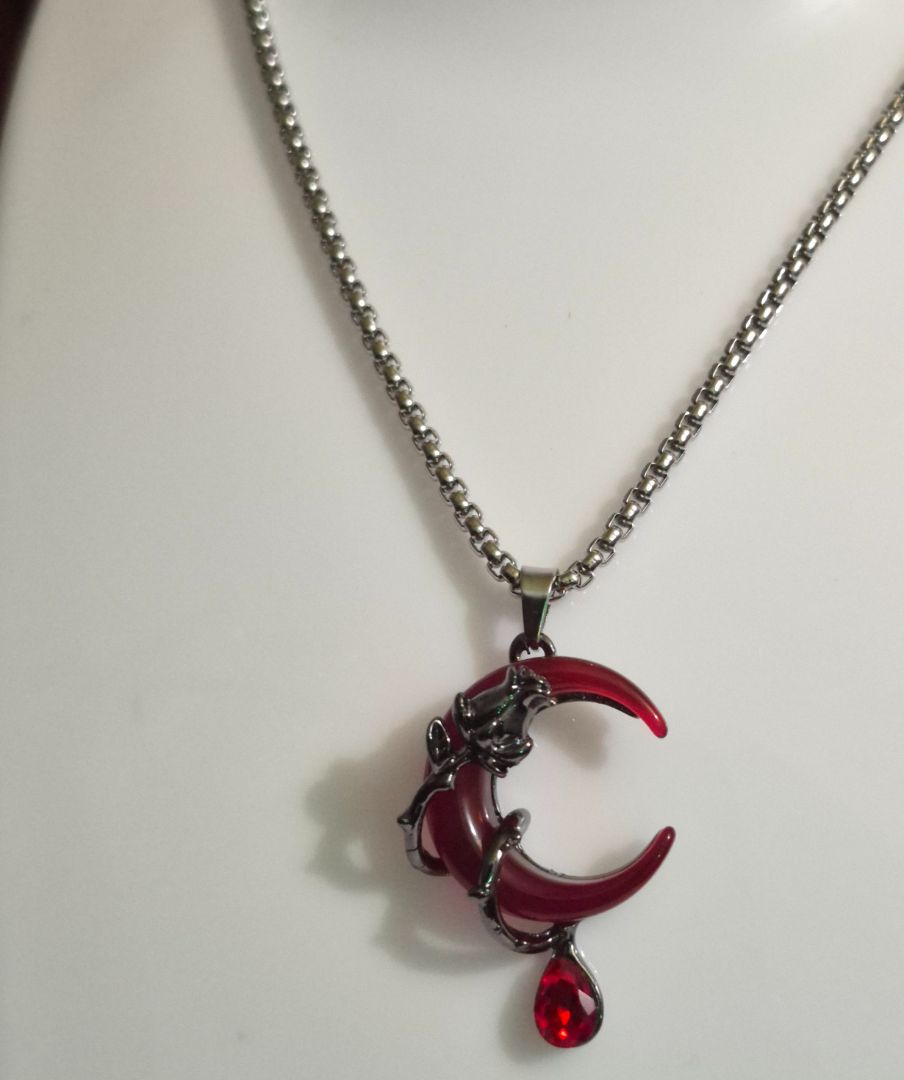 Red Moon Pendant Necklace with Black Metal Chain - Image 1 of 1