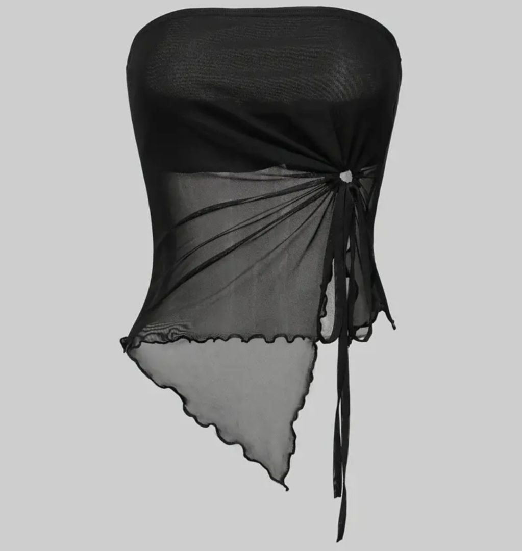 Women Black Mesh Asymmetric Tube Top