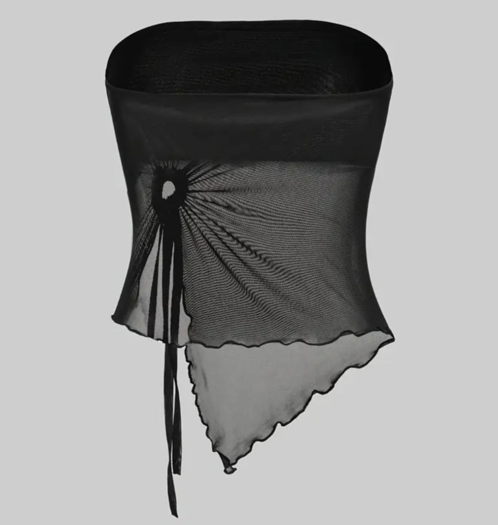Women Black Mesh Asymmetric Tube Top thumbnail 2