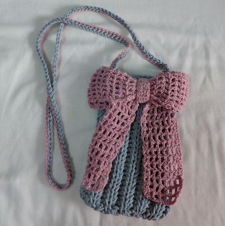 Handmade Crochet Pink-Grey Bow Bag & White Socks with Lace - Image 1 of 5