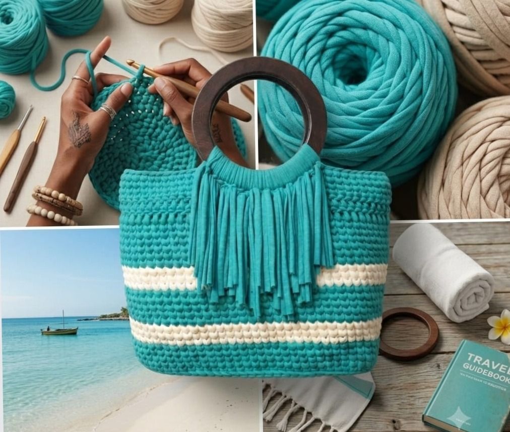 Handmade Crochet Handbag Turquoise White with Wooden Handles - Image 1 of 2