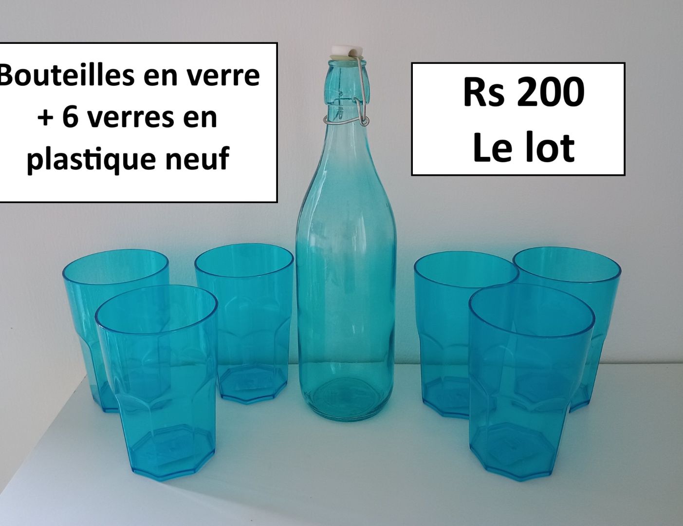 Glass Bottle and 6 Plastic Tumblers Blue
