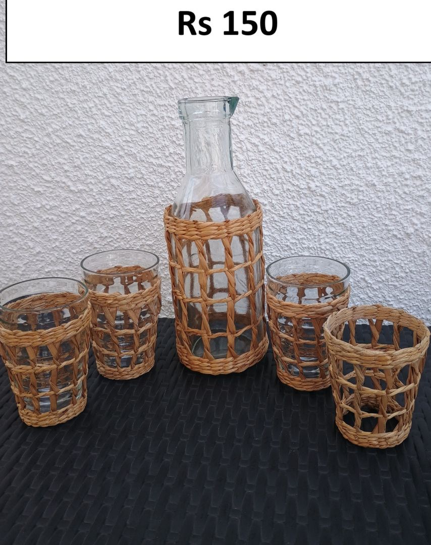 Glass Bottle and Cups Set with Wicker Holder