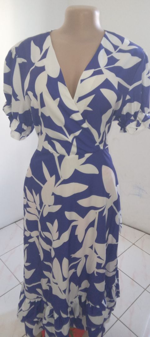 Blue and White Floral Wrap Dress