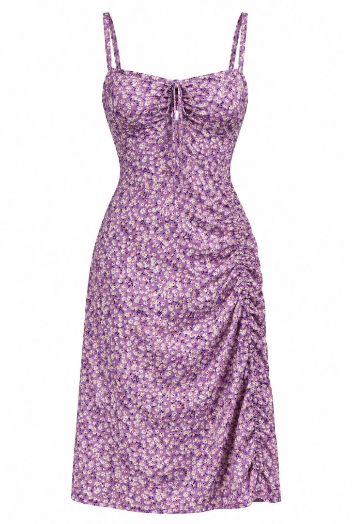Purple Floral Ruched Dress Women