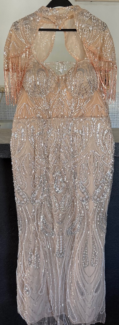 Glamrae Sequin Fringe Evening Dress Beige Size M