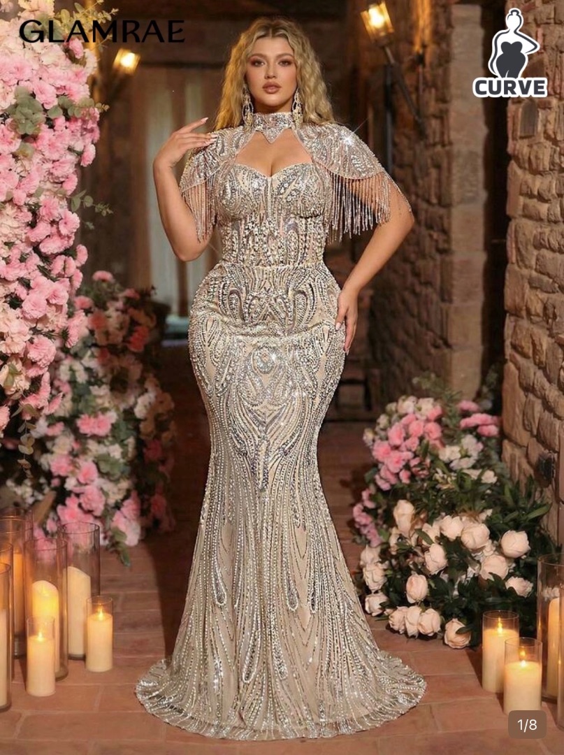 Glamrae Sequin Fringe Evening Dress Beige Size M thumbnail 2