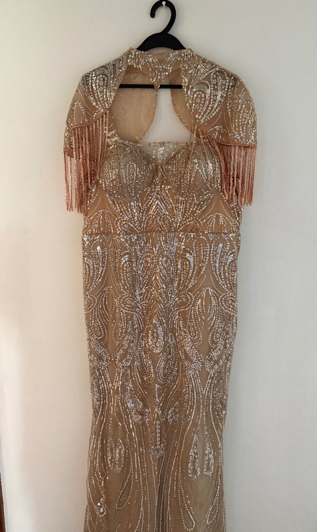 Glamrae Sequin Fringe Evening Dress Beige Size M thumbnail 3