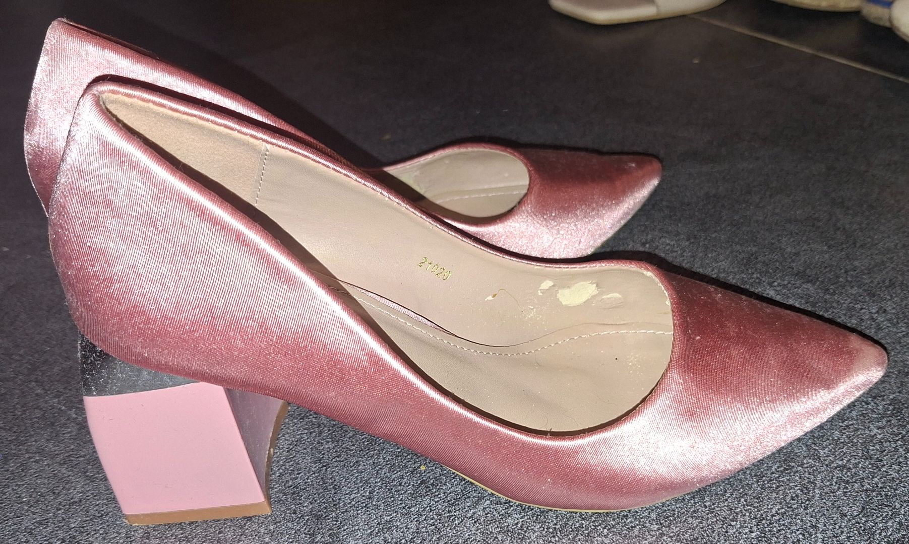 Pink Satin Block Heel Shoes thumbnail 2