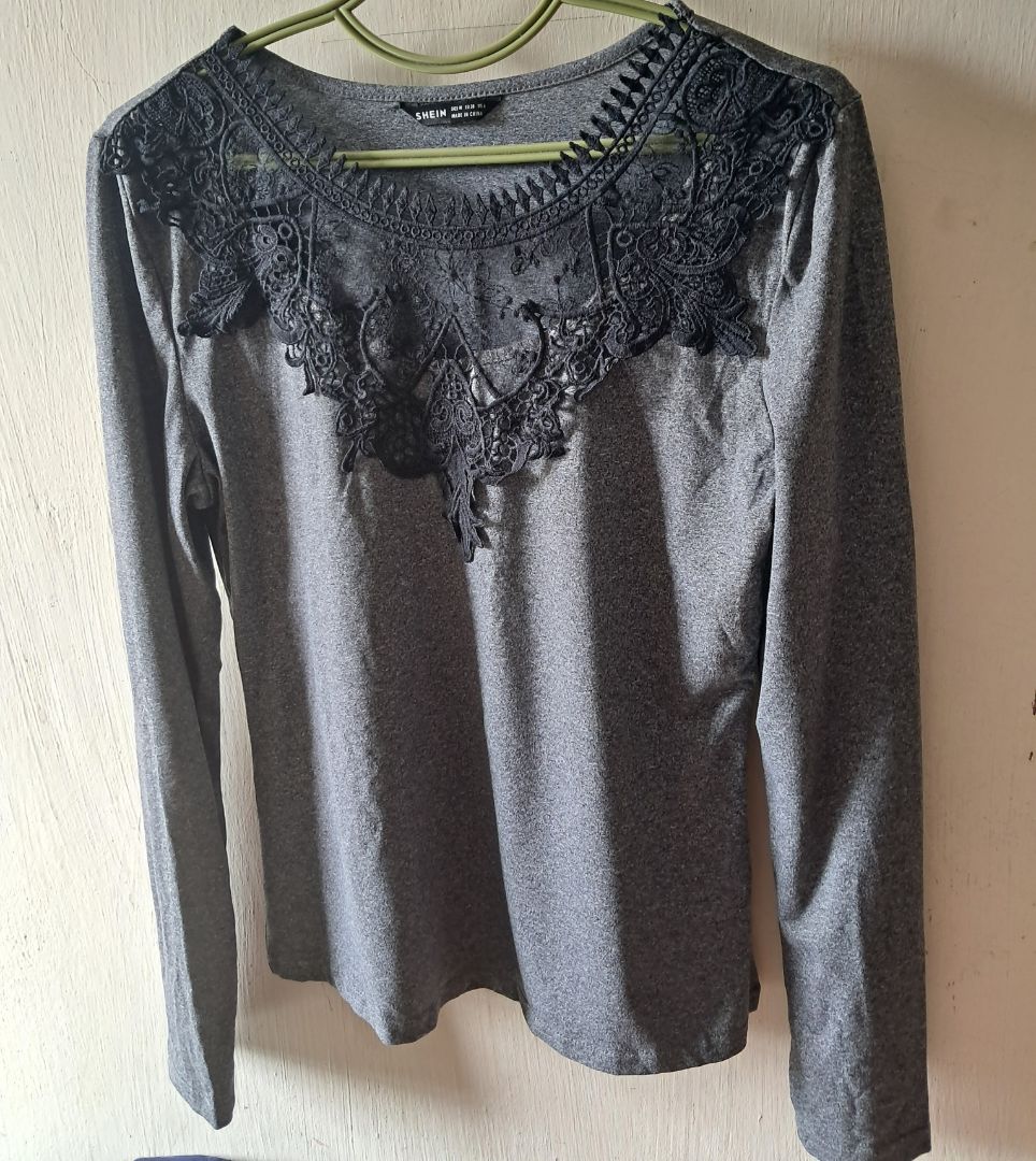 SHEIN Gray Long Sleeve Top with Black Lace Detail Size M - Image 1 of 1