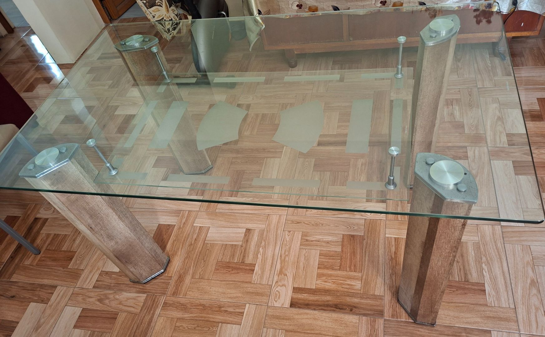 Glass Dining Table with Wood-Effect Legs - Image 1 of 4