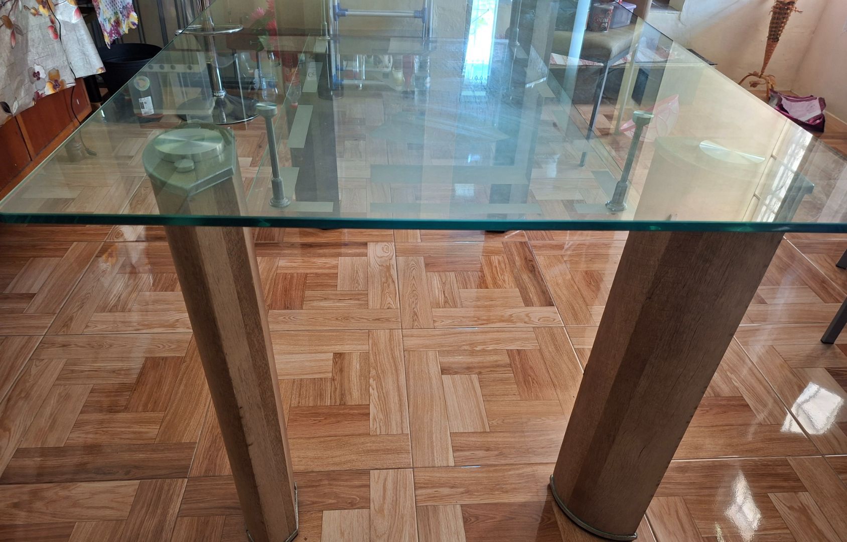 Glass Dining Table with Wood-Effect Legs thumbnail 3