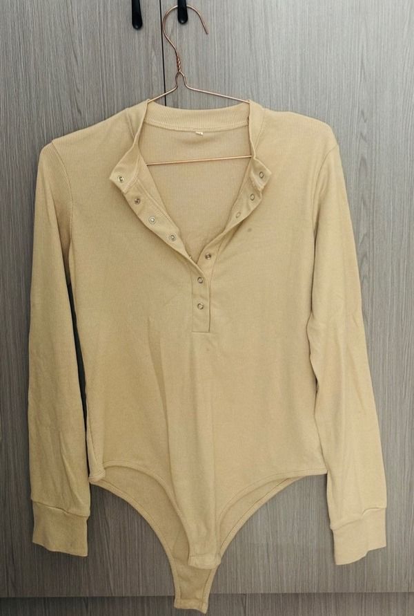 Beige Ribbed Long Sleeve Bodysuit - Image 1 of 2