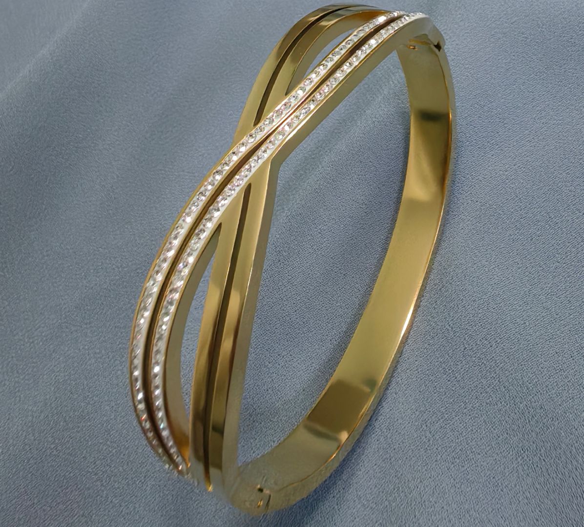 Gold Rhinestone X-Design Crossover Bangle Bracelet