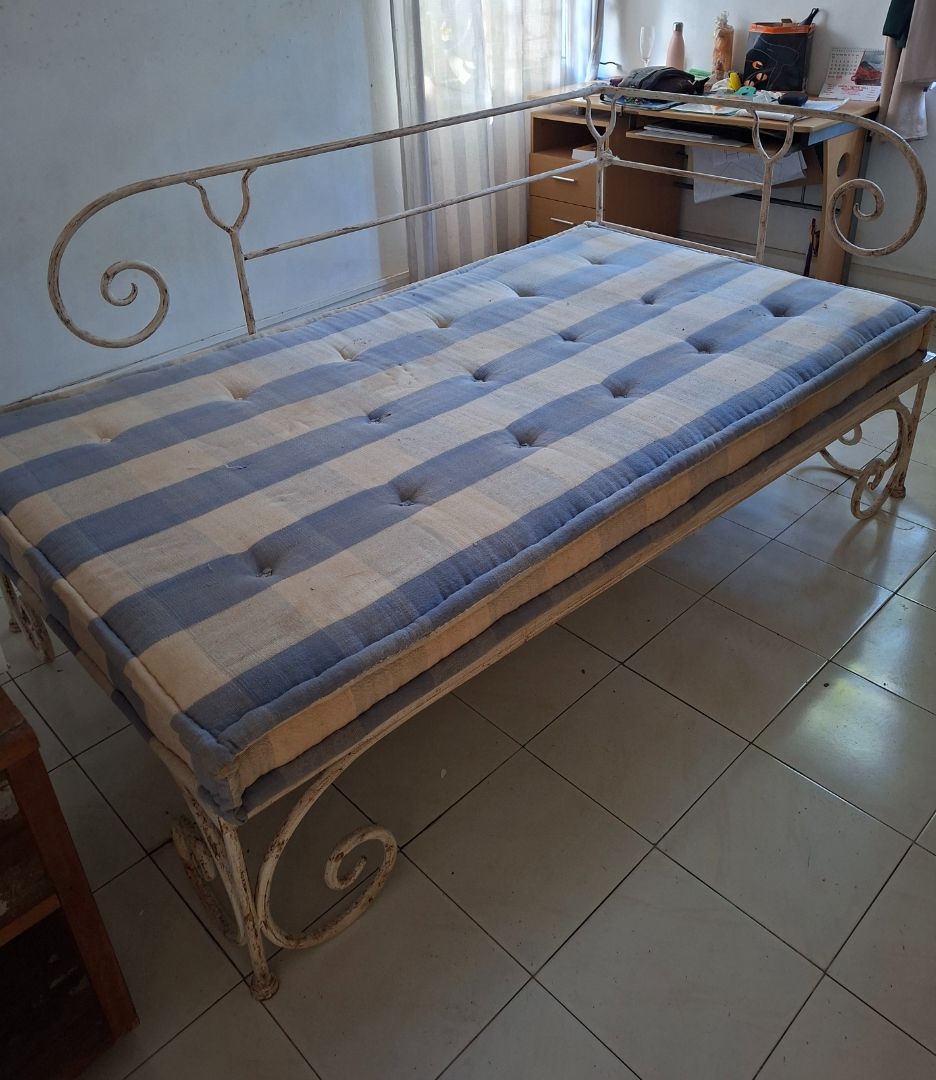Wrought Iron Daybed with Blue Striped Mattress