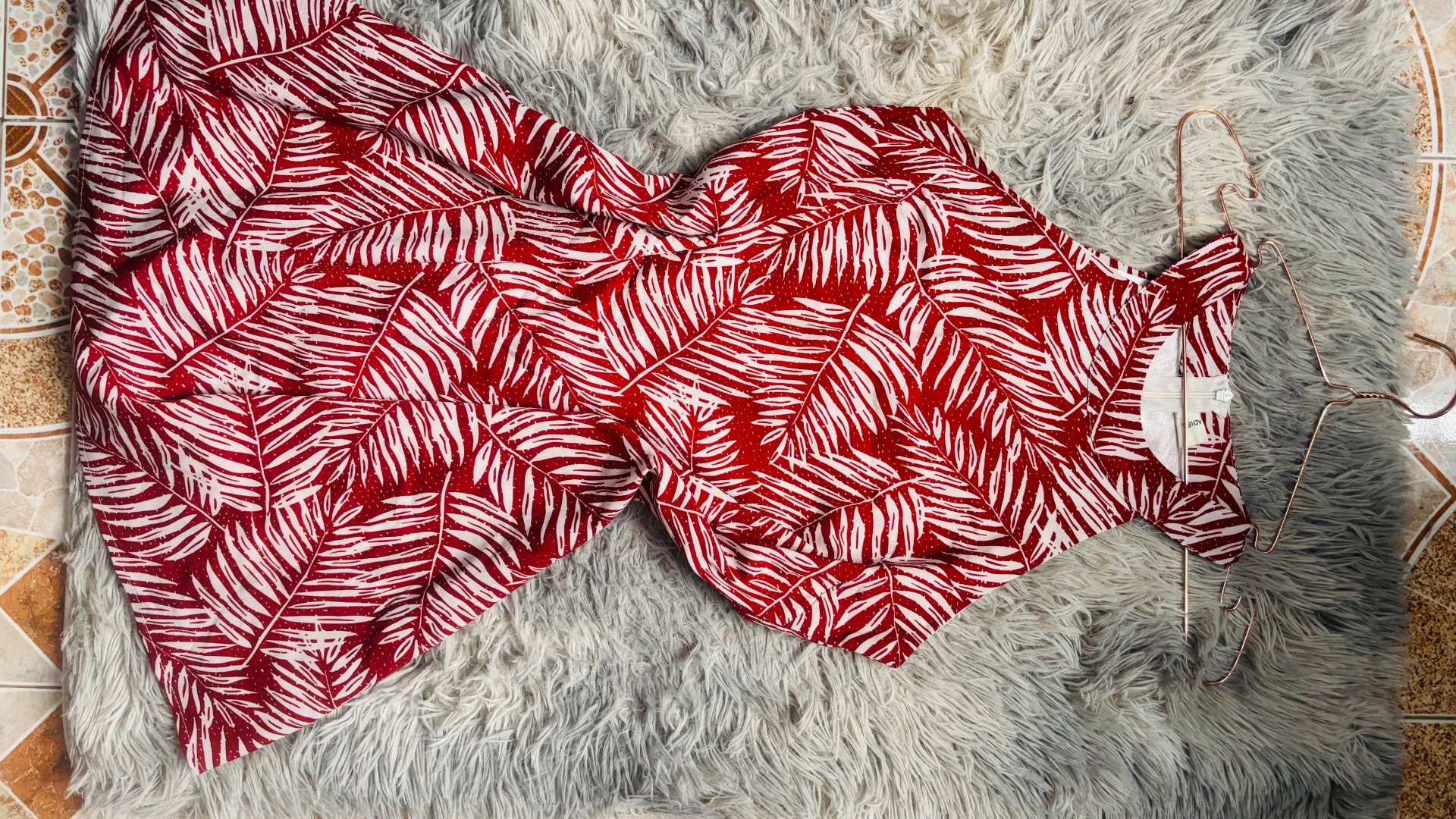 Red and White Leaf Print Sleeveless Dress - Image 1 of 2