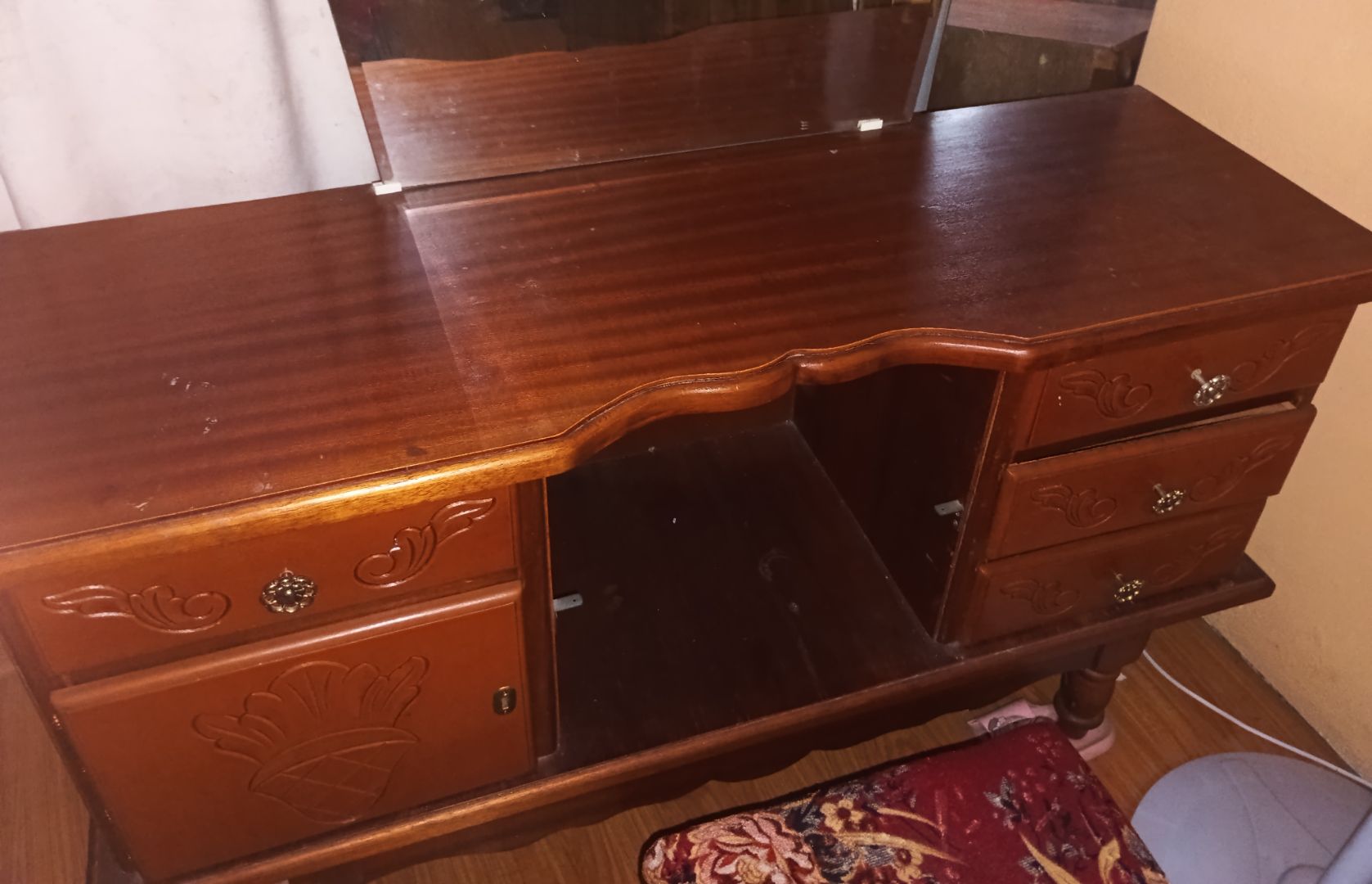 Vintage Wooden Dressing Table with Stool Brown thumbnail 4