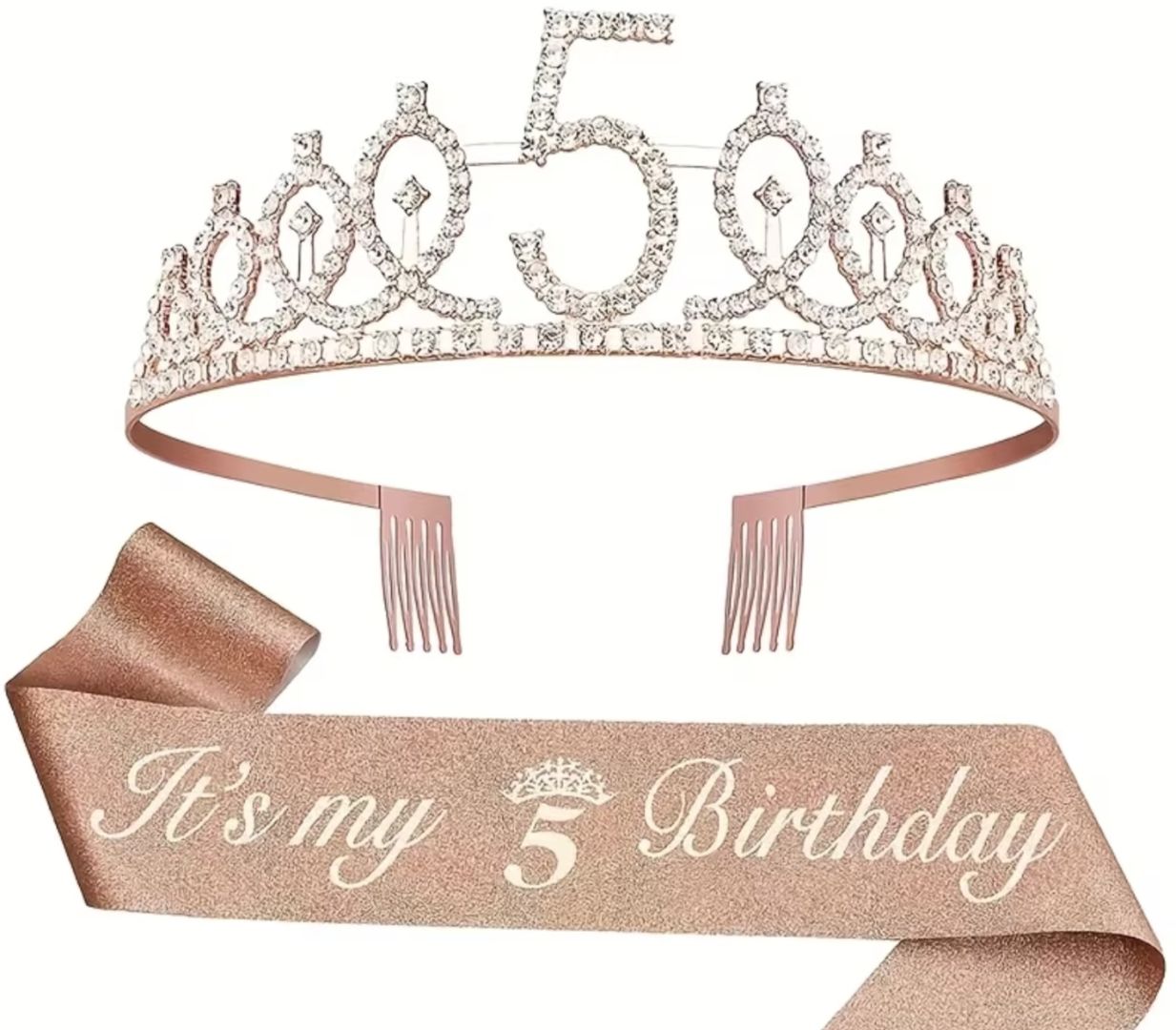 2pcs 5th Birthday Crown and Sash Set Rose Gold - Image 1 of 1