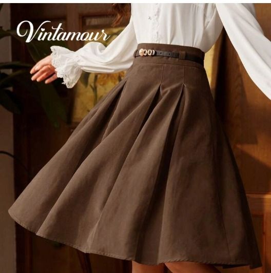 Vintamour Women Brown Pleated A-Line Skirt Size M