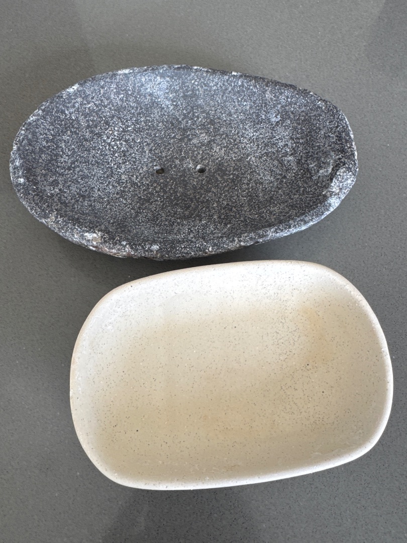 Lot of 2 Soap Dishes - Gray Stone & Beige Ceramic