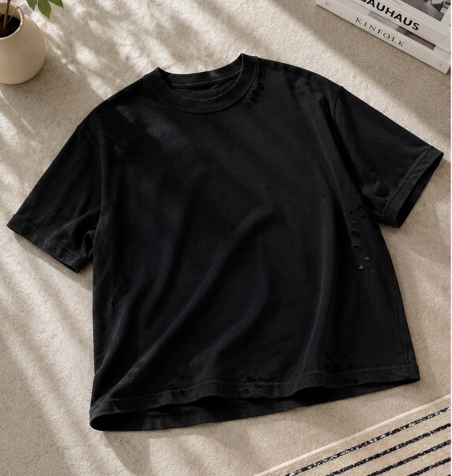 Black Distressed Oversized Cropped T-Shirt – Size S