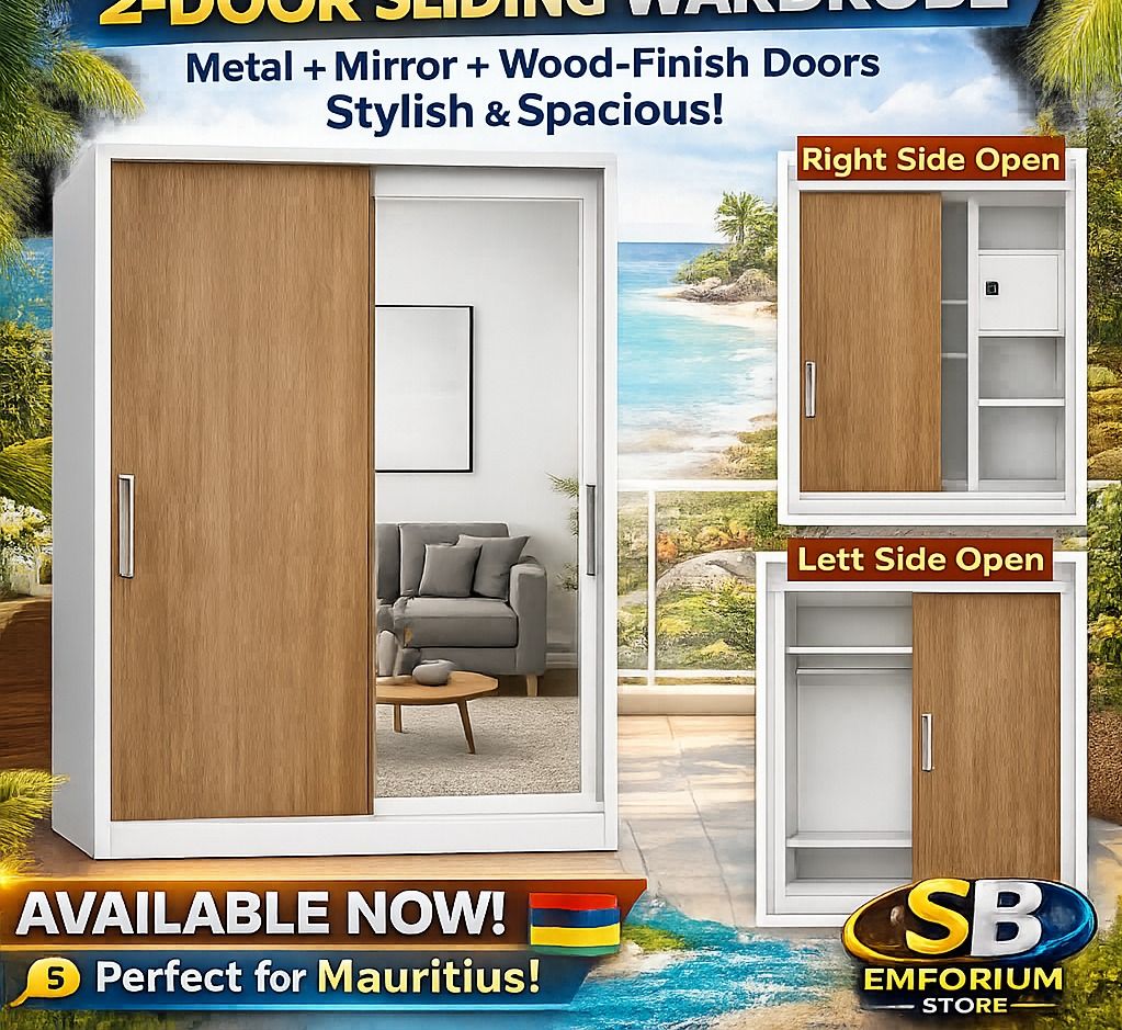 2-Door Sliding Wardrobe Metal Mirror Wood-Finish