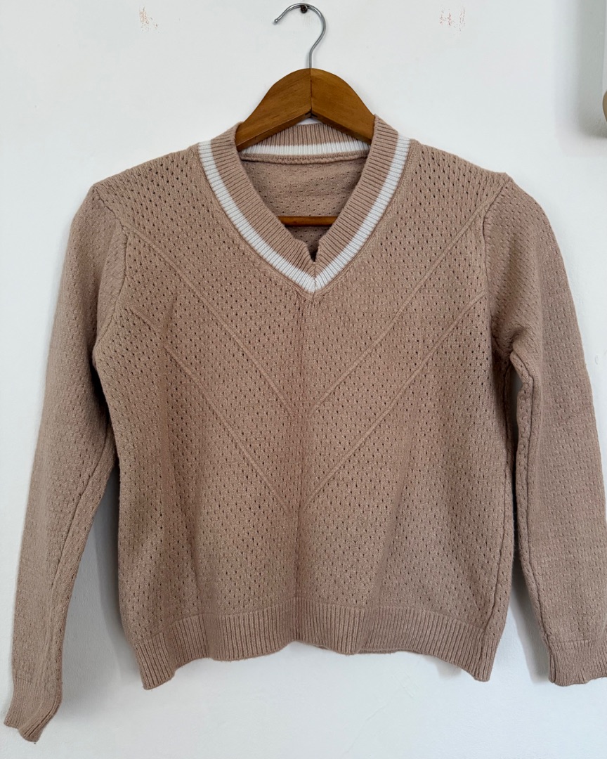 Beige V-Neck Knit Sweater
