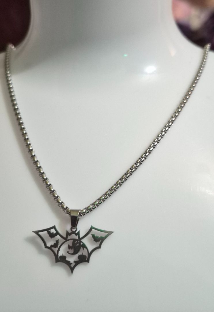 Silver Tone Bat Pendant Necklace