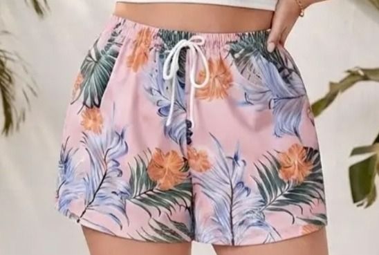 Pink Floral Tropical Print Drawstring Shorts