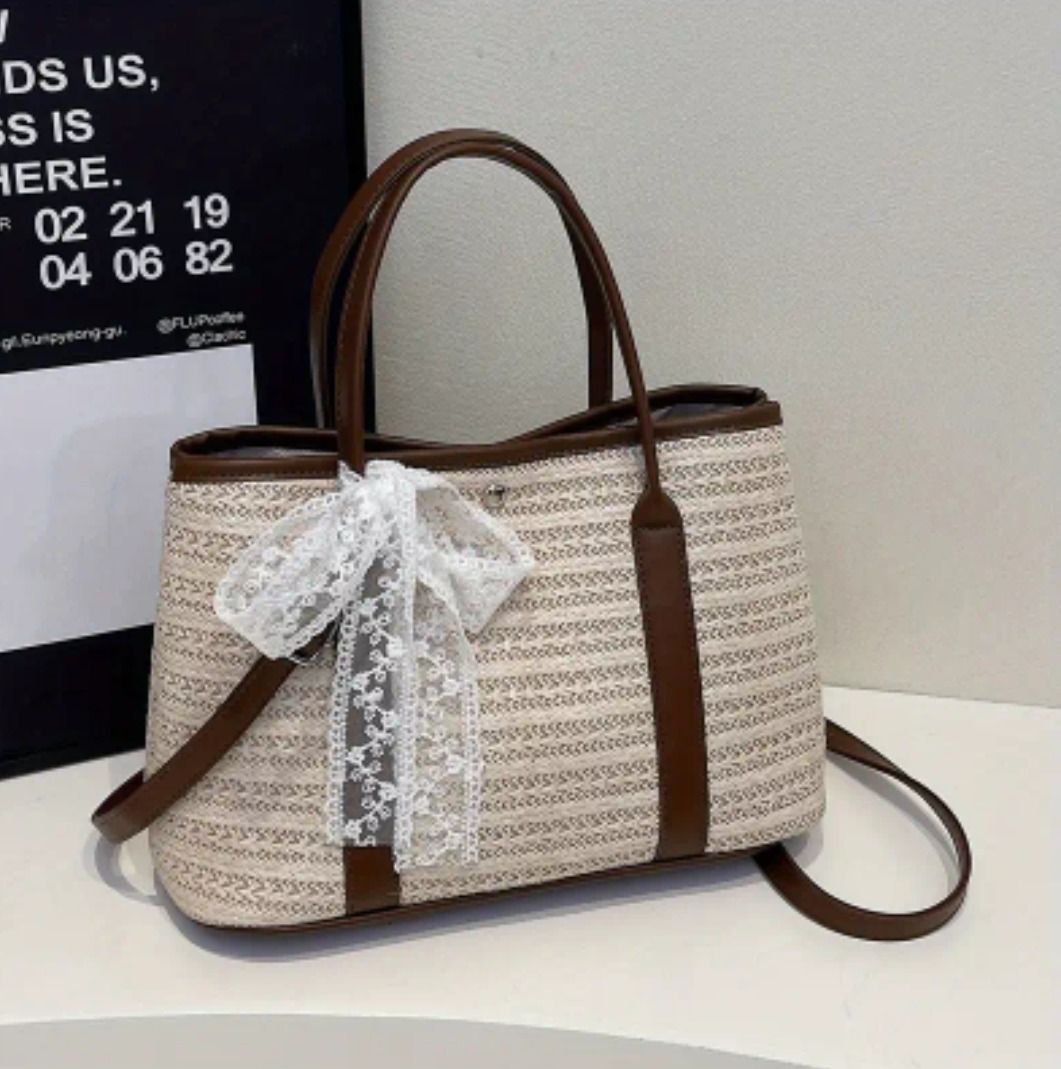 Women Straw Tote Bag Brown and Beige with Lace Bow