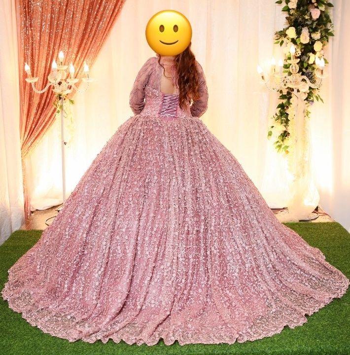Pink Sequin Long Sleeve Wedding Ball Gown Dress - Image 1 of 2