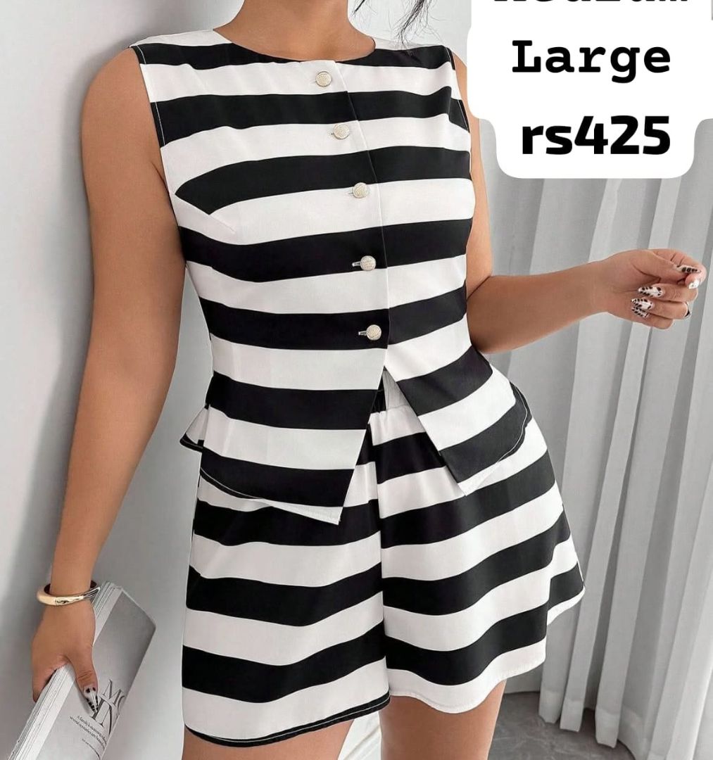 Black and White Striped Sleeveless Top and Shorts Set - Image 1 of 1