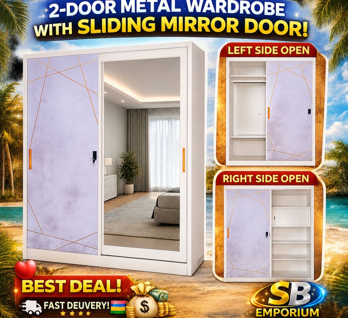 2-Door Metal Wardrobe with Sliding Mirror Door