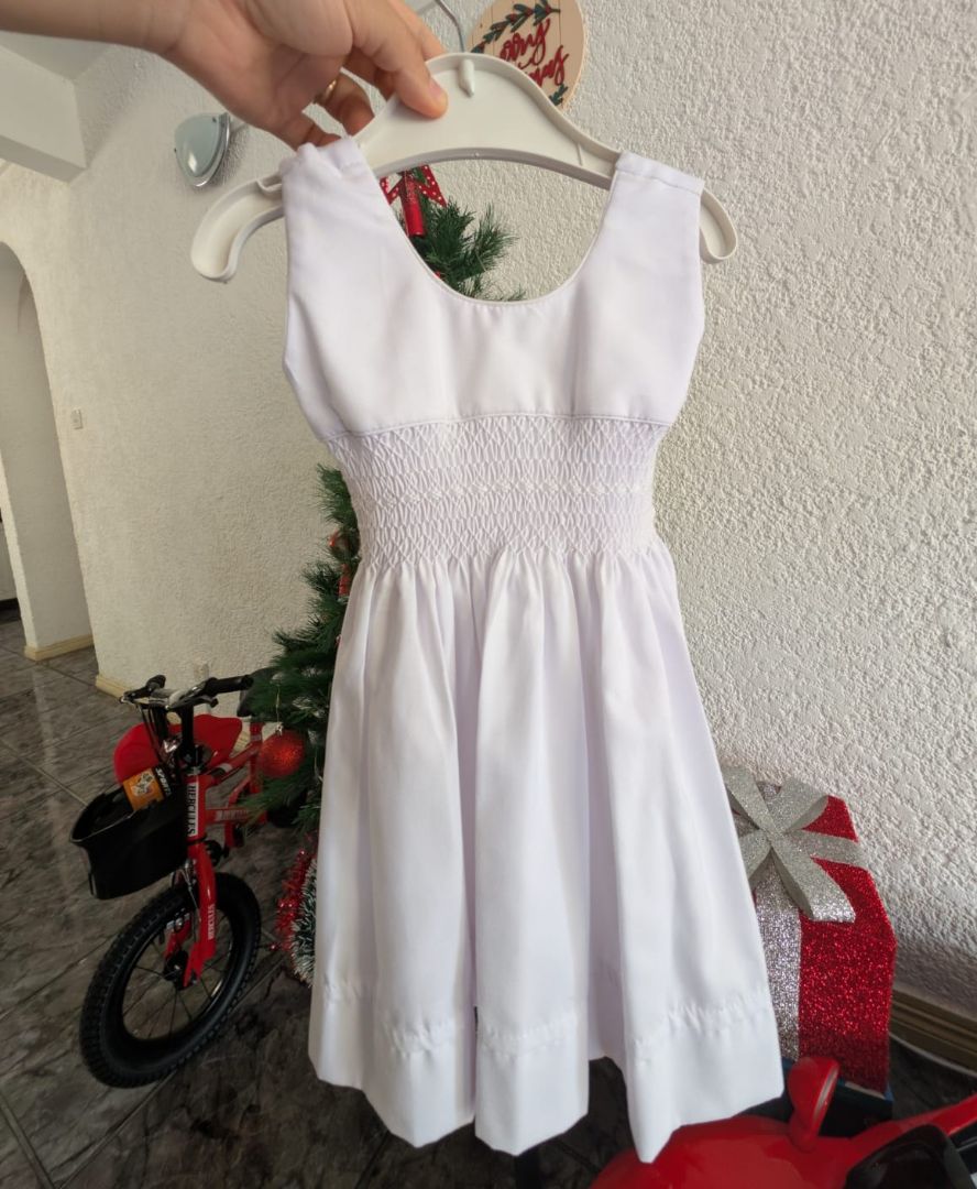White Dress with Bow and Smocked Waist thumbnail 2