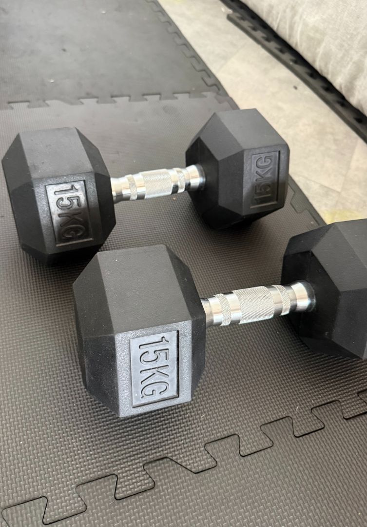 K1 Sport 15kg Rubber Hex Dumbbells Pair