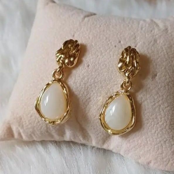 Gold Tone Drop Earrings with White Stones - Image 1 of 1