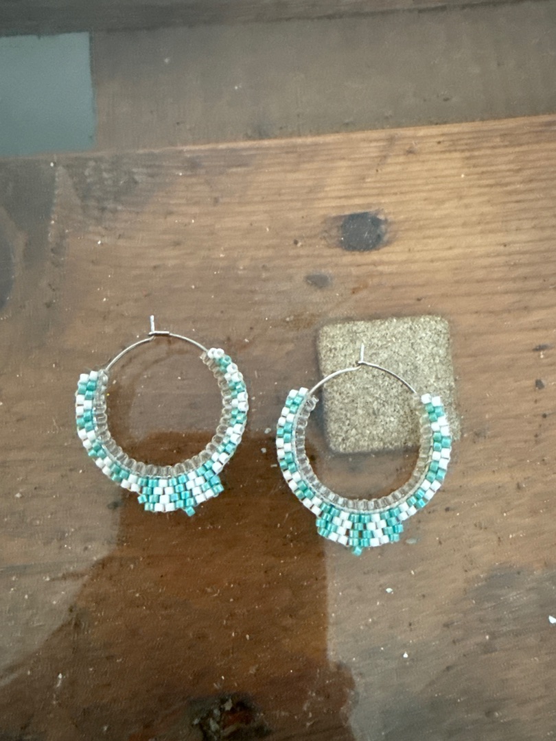 Beaded Hoop Earrings White and Turquoise thumbnail 2