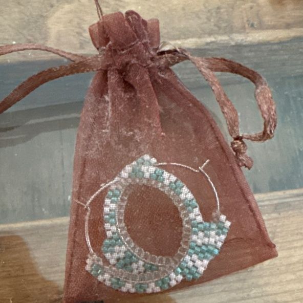 Beaded Hoop Earrings White and Turquoise