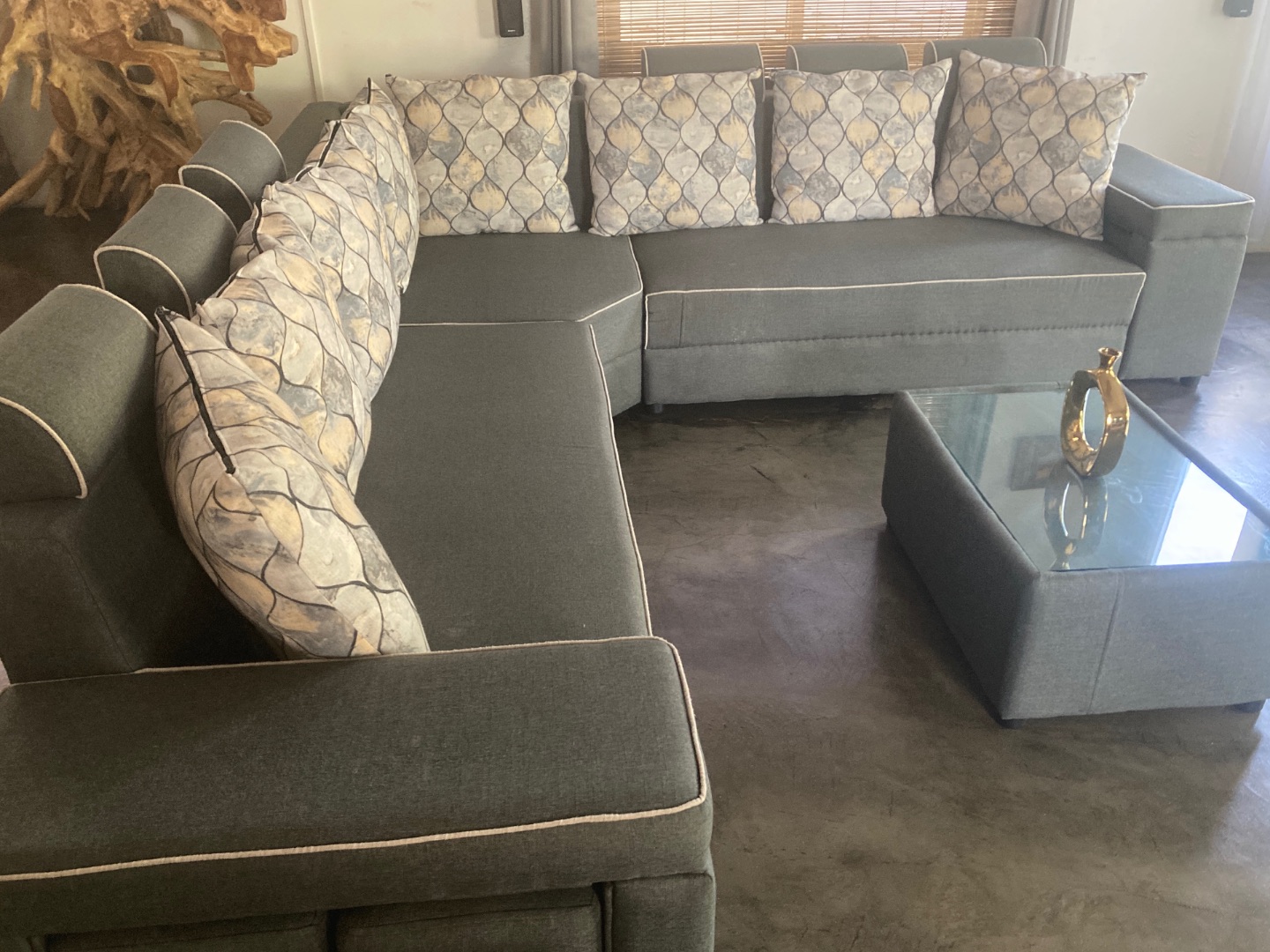 L-Shaped Grey Fabric Sofa with Patterned Cushions thumbnail 2
